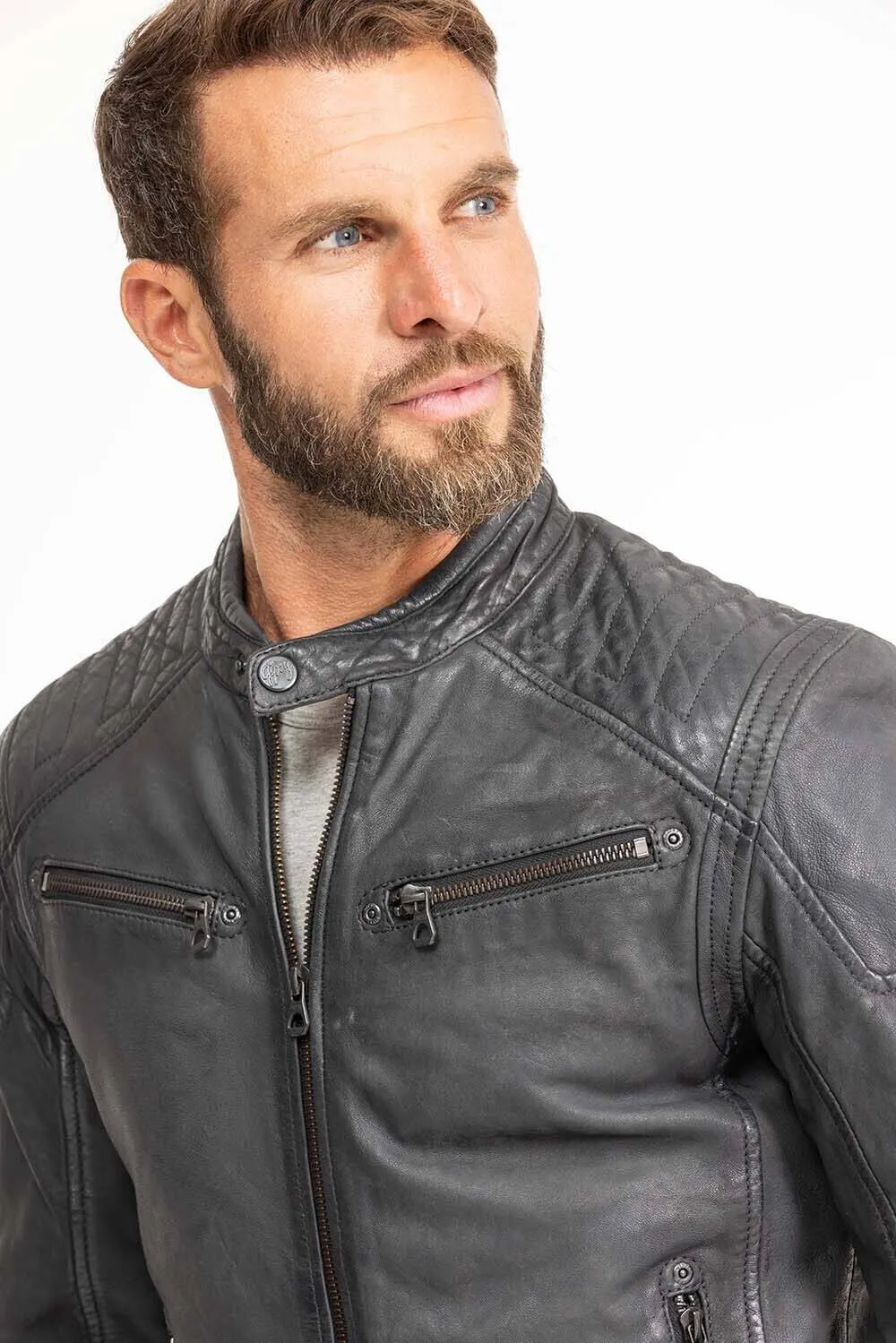 Men's blue leather jacket in gypsy motorcycle style 1201-0485