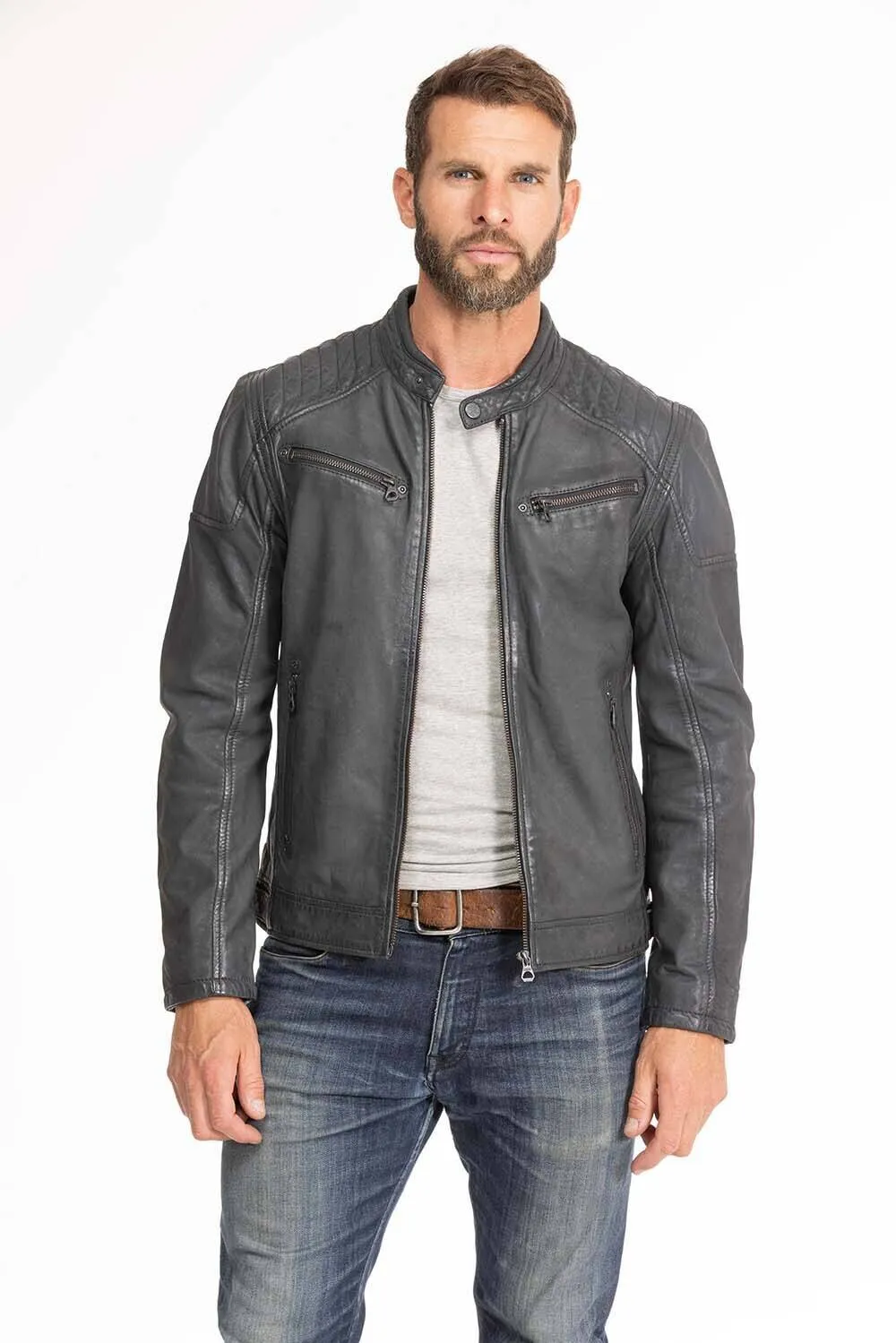 Men's blue leather jacket in gypsy motorcycle style 1201-0485