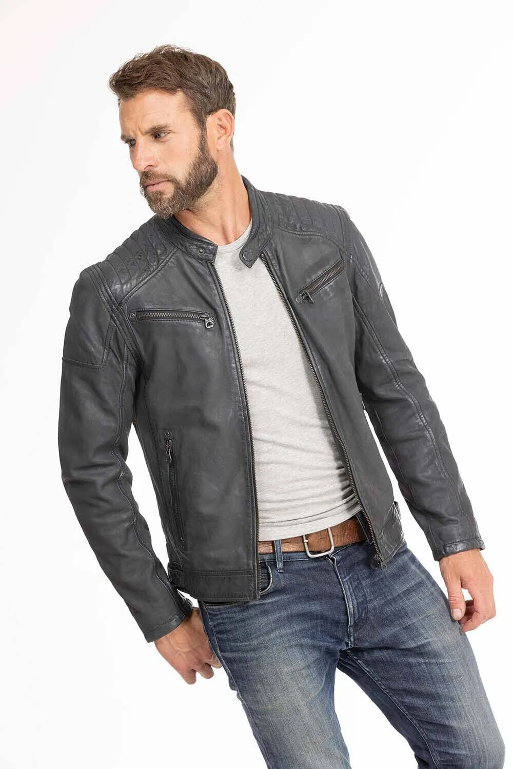 Men's blue leather jacket in gypsy motorcycle style 1201-0485