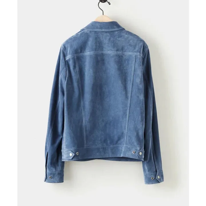 Men's Chocolate Medium Blue Leather Suede Bomber Jacket