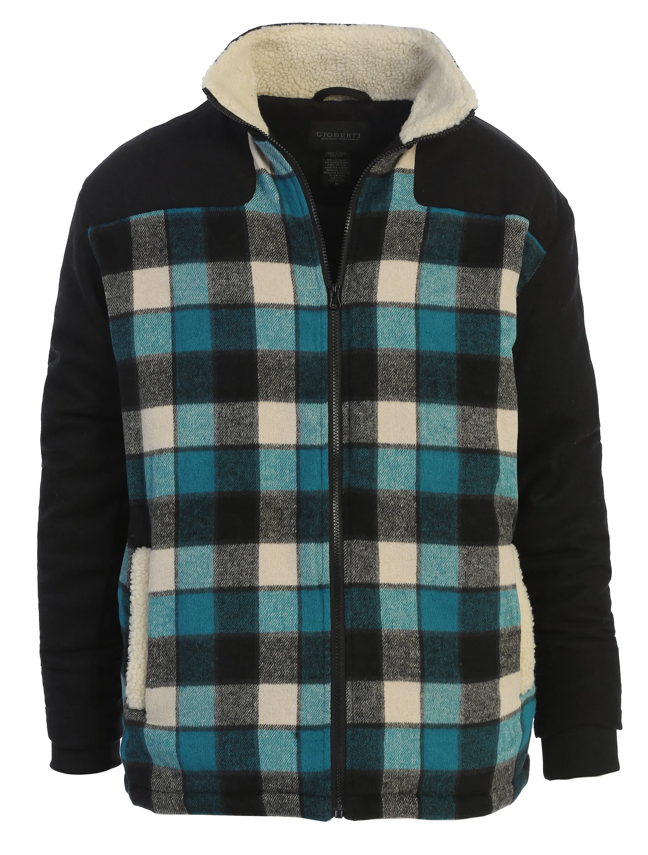 Men's Full Zip Wool-Like Plaid Jacket with Warm Cozy Inner Padding and Sherpa Collar