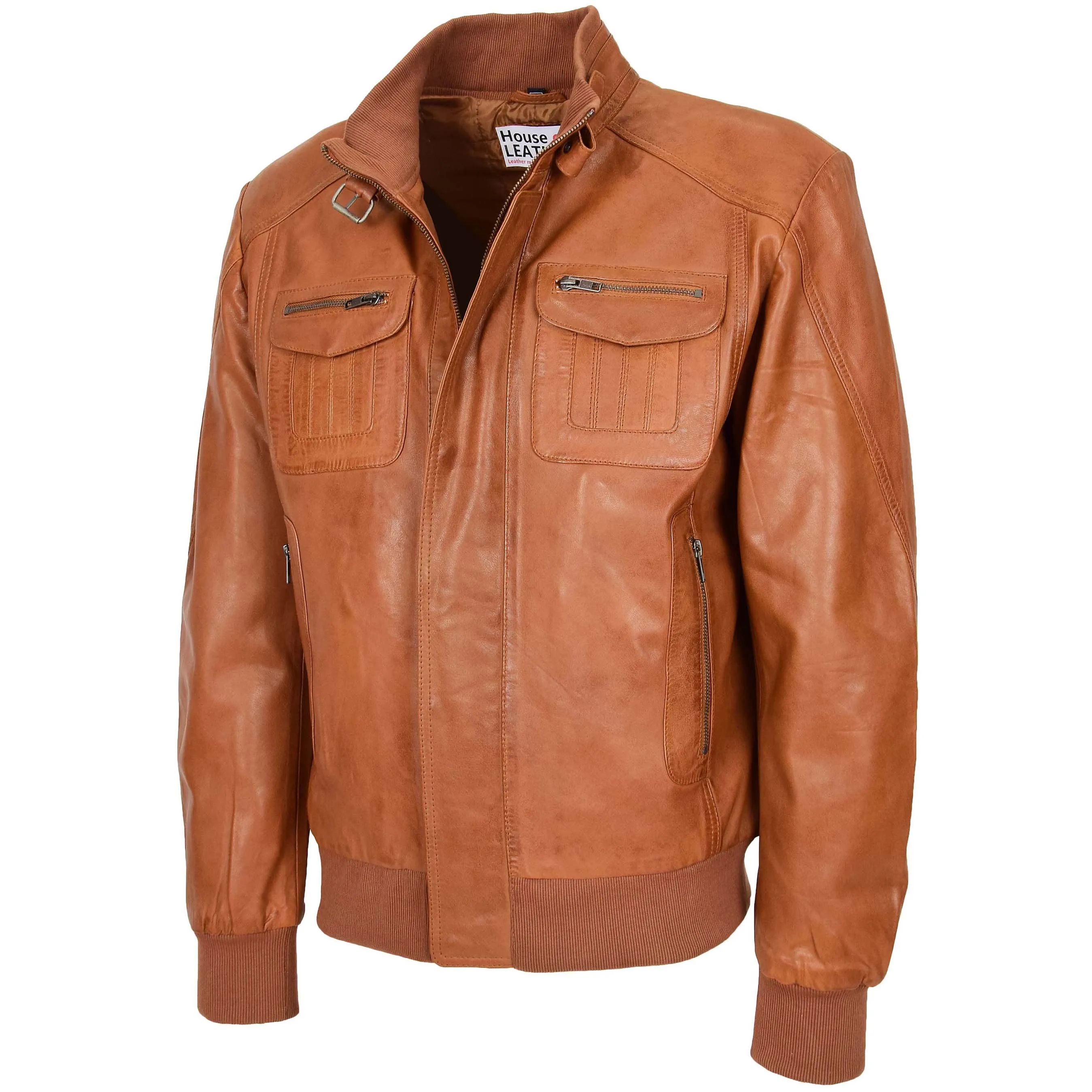 Mens Leather Bomber Flight Jacket Tom Tan