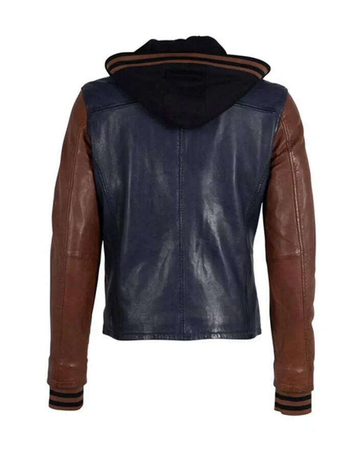 Men's navy biker style hooded leather jacket enver