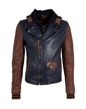 Men's navy biker style hooded leather jacket enver