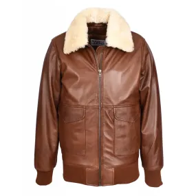 Mens Premium Leather Aviator Bomber Jacket Detachable Collar G-1 Pilot Style Luca Tan