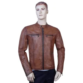 Metal Lion Front Zipper Cognac Ban Neck Collar Men's leather Jacket By Brune & Bareskin