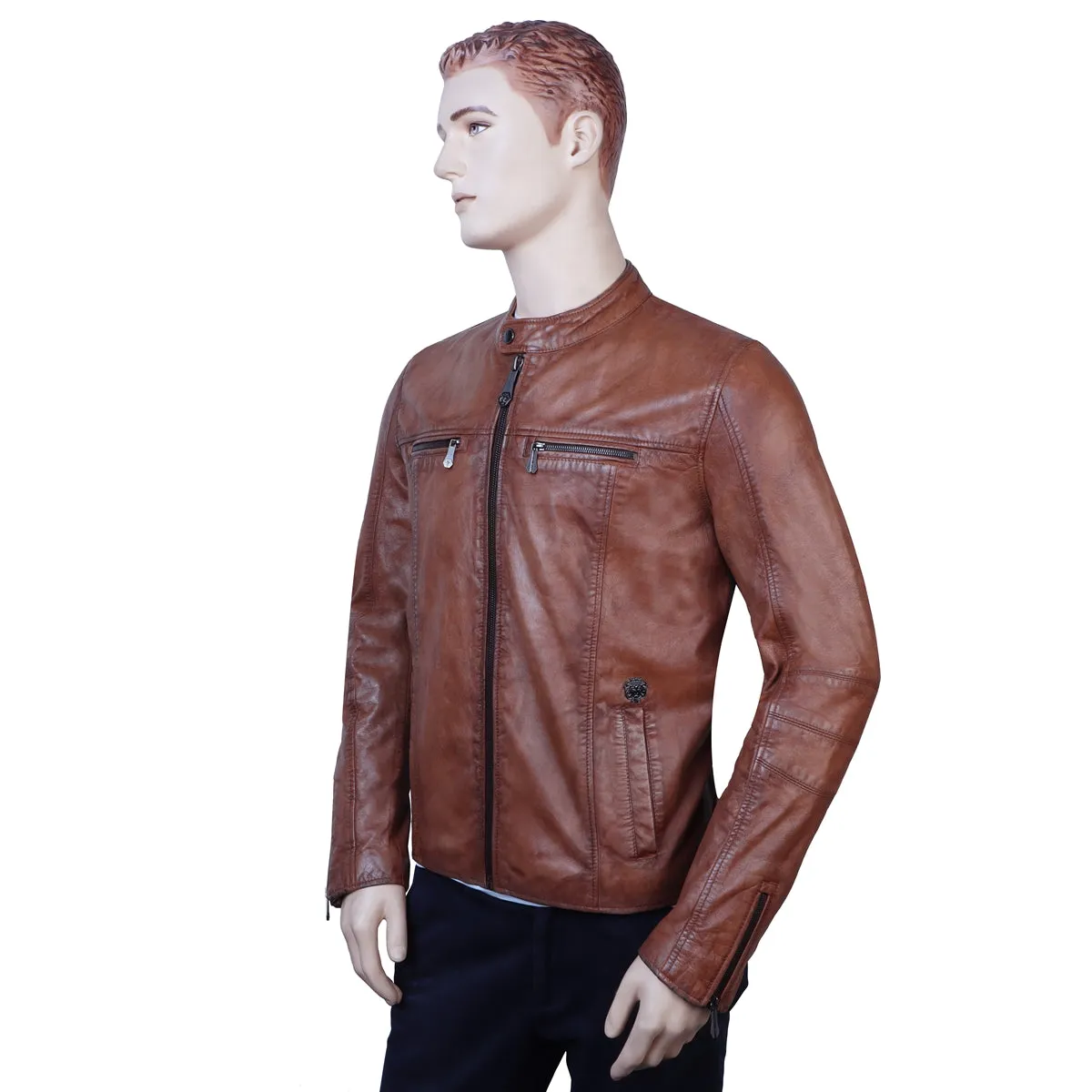 Metal Lion Front Zipper Cognac Ban Neck Collar Men's leather Jacket By Brune & Bareskin