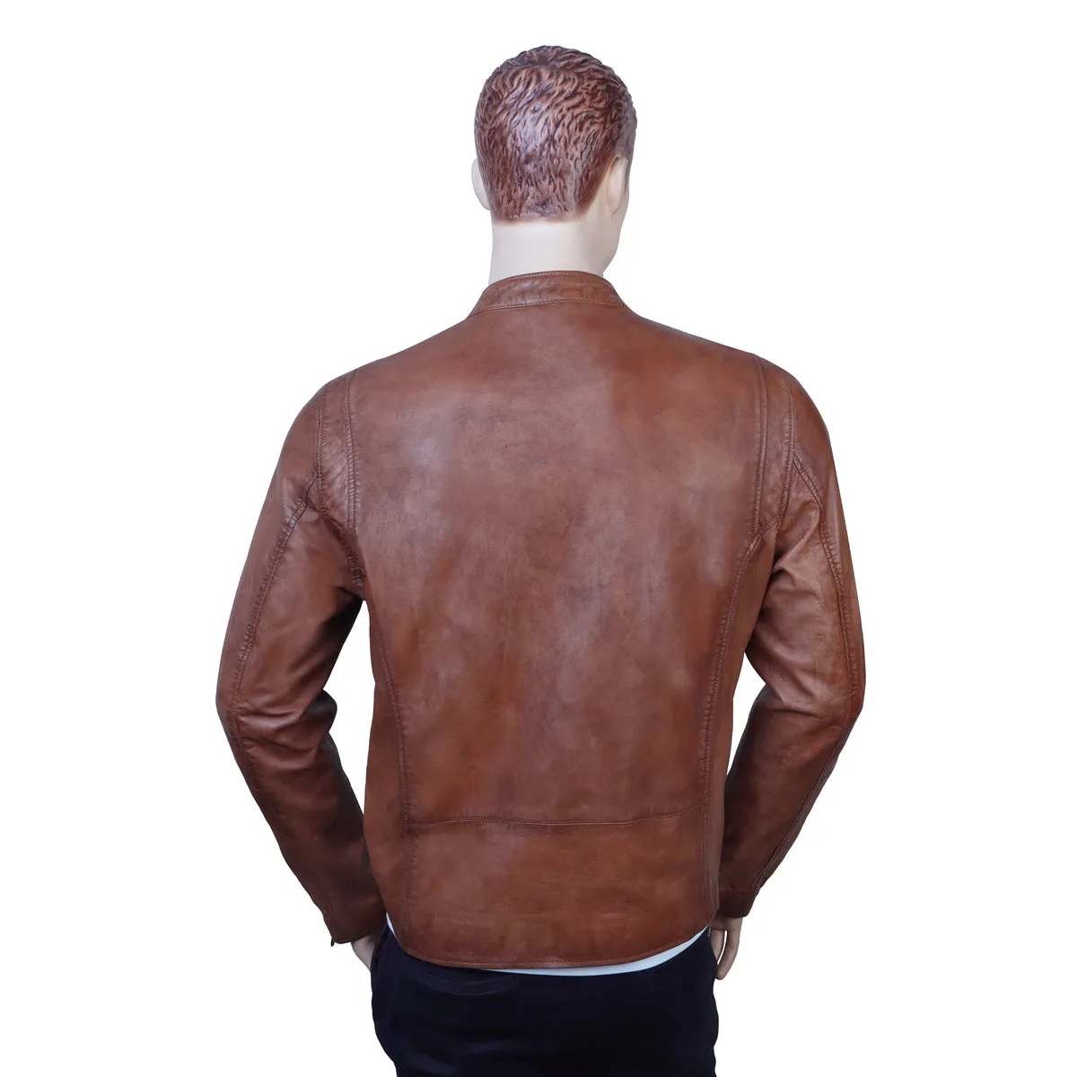 Metal Lion Front Zipper Cognac Ban Neck Collar Men's leather Jacket By Brune & Bareskin