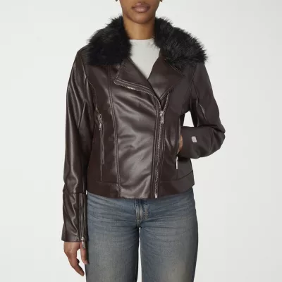 new!Nicole Miller Womens Faux Leather Lined Midweight Motorcycle Jacket