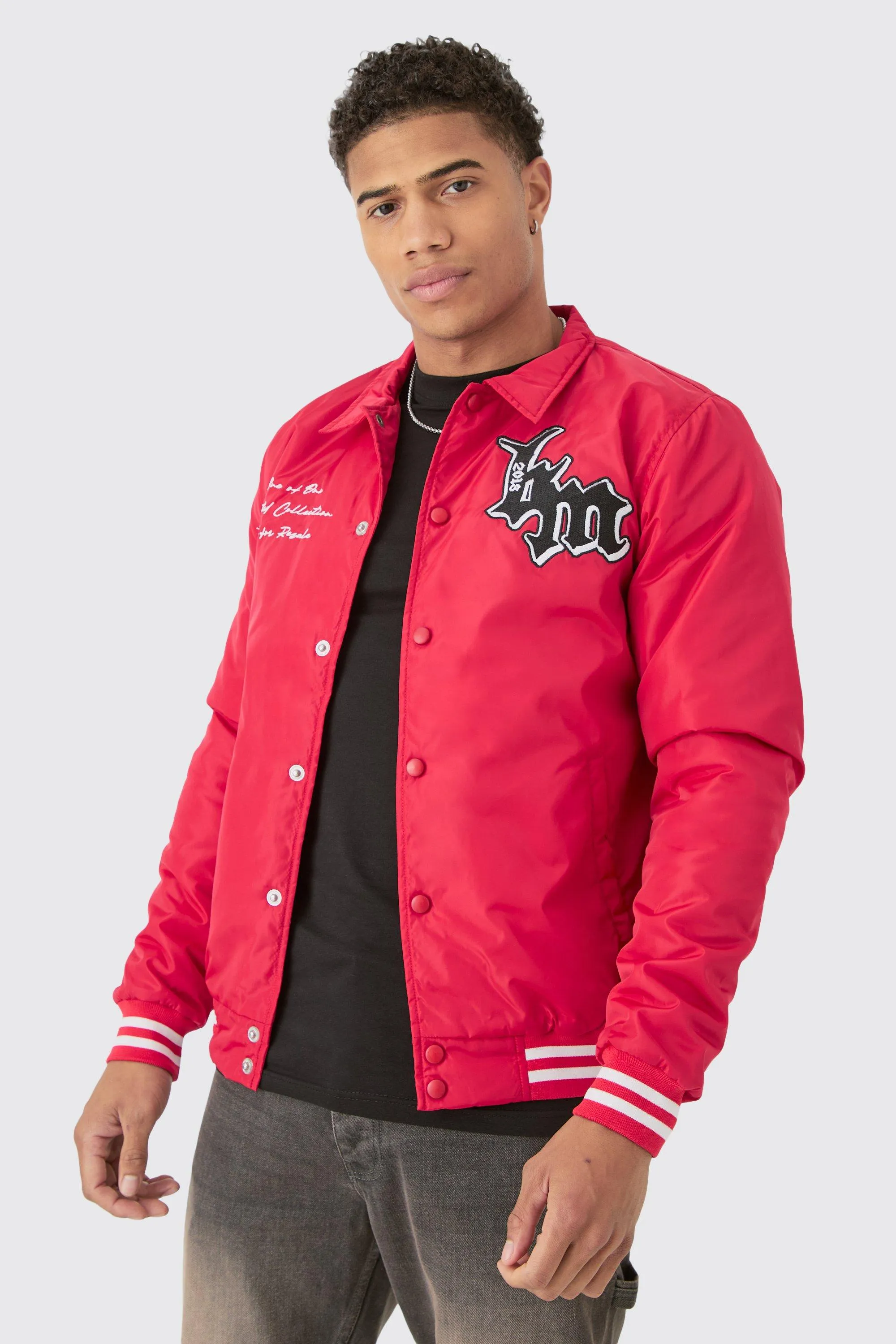 Nylon BM Badge Collared Varsity Bomber Jacket In Red