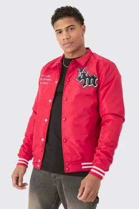 Nylon BM Badge Collared Varsity Bomber Jacket In Red