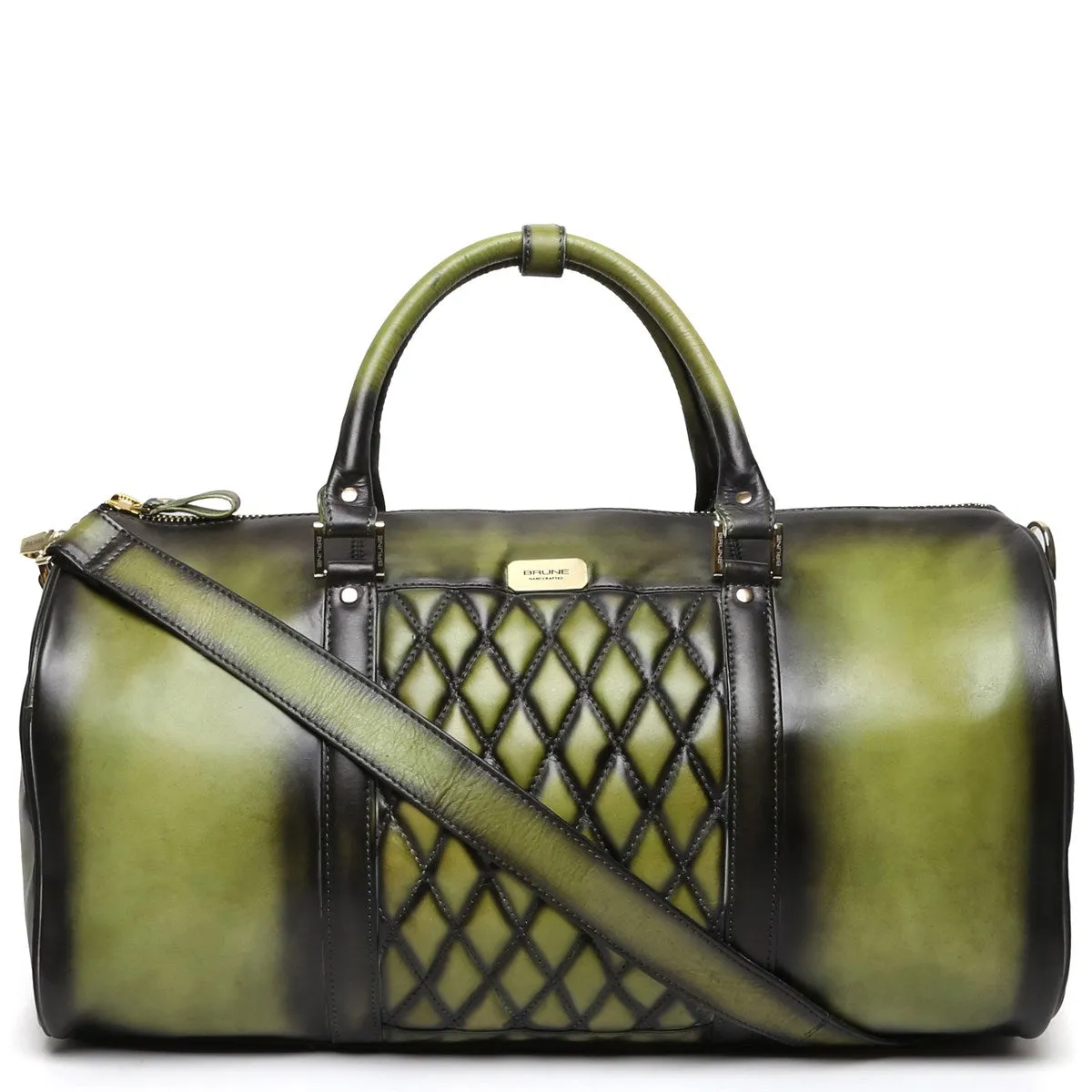 Olive Green With Golden Accessories Genuine Leather Duffle Bag For Men