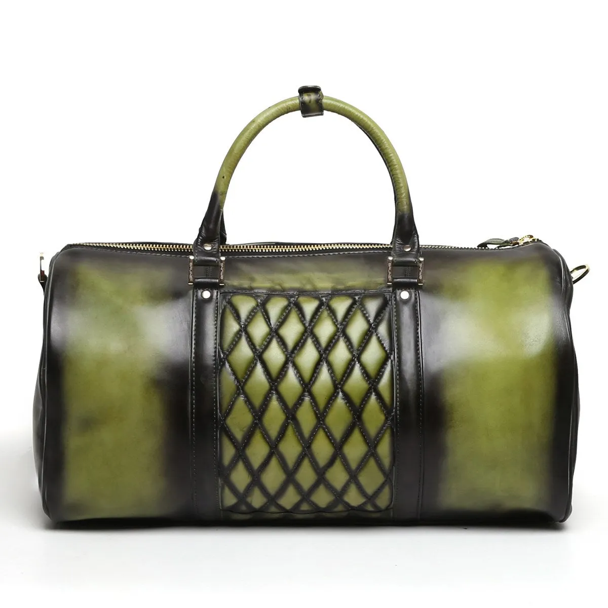 Olive Green With Golden Accessories Genuine Leather Duffle Bag For Men