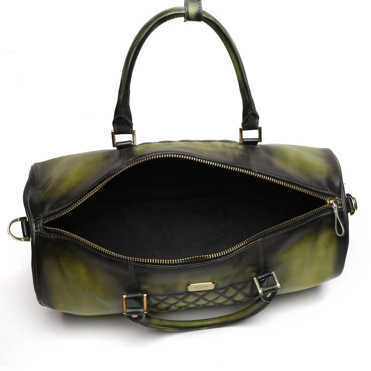 Olive Green With Golden Accessories Genuine Leather Duffle Bag For Men