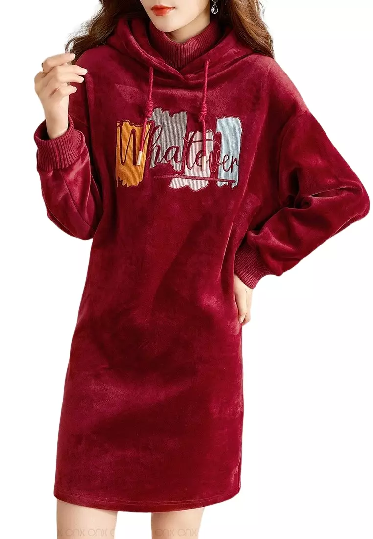 ONX.HK Loose Embroidered Fleece Sweatshirt Hooded Dress