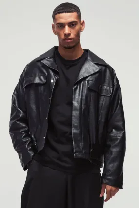 Oversized Official Boxy PU Collared Bomber Jacket in Black