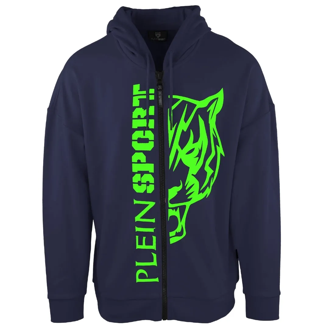 Plein Sport Large Green Logo Navy Blue Zip Up Hoodie