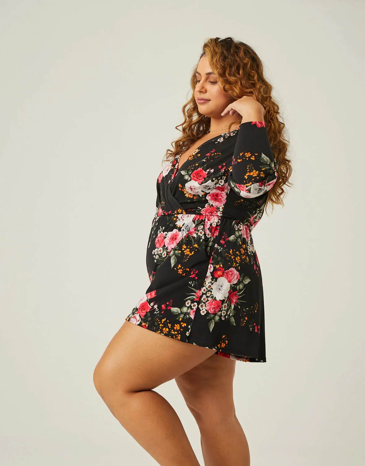 Plus Size Long Sleeve Floral Romper