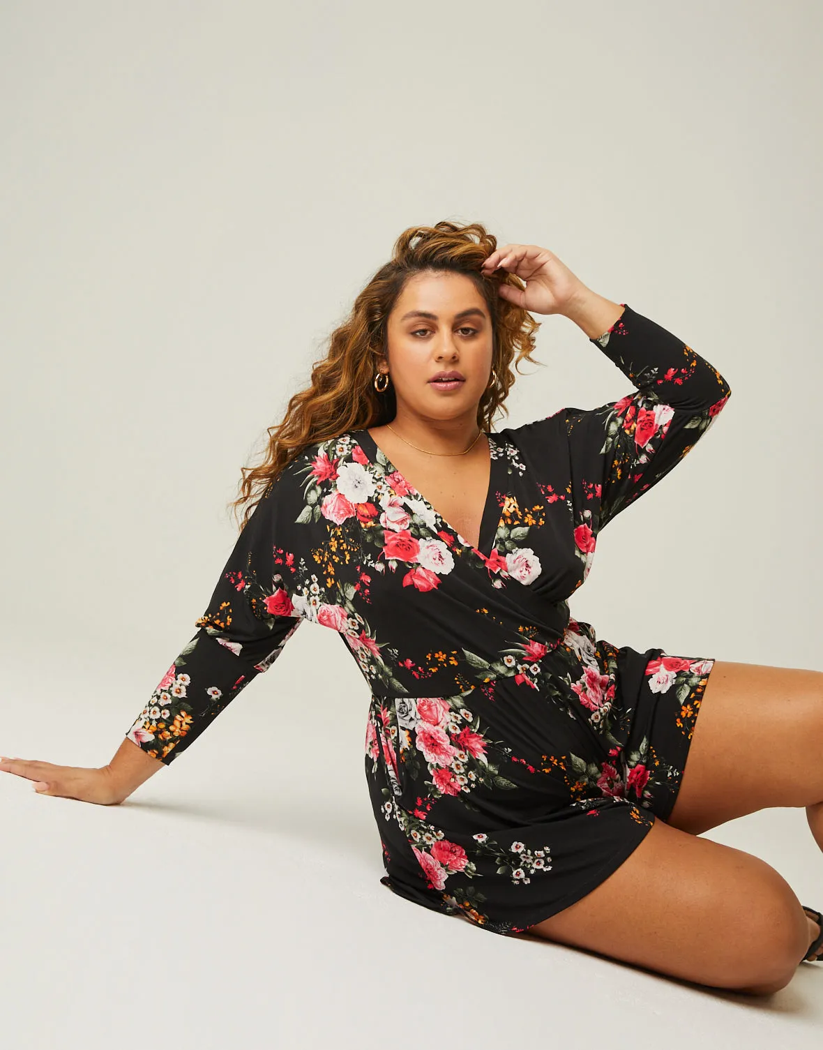 Plus Size Long Sleeve Floral Romper