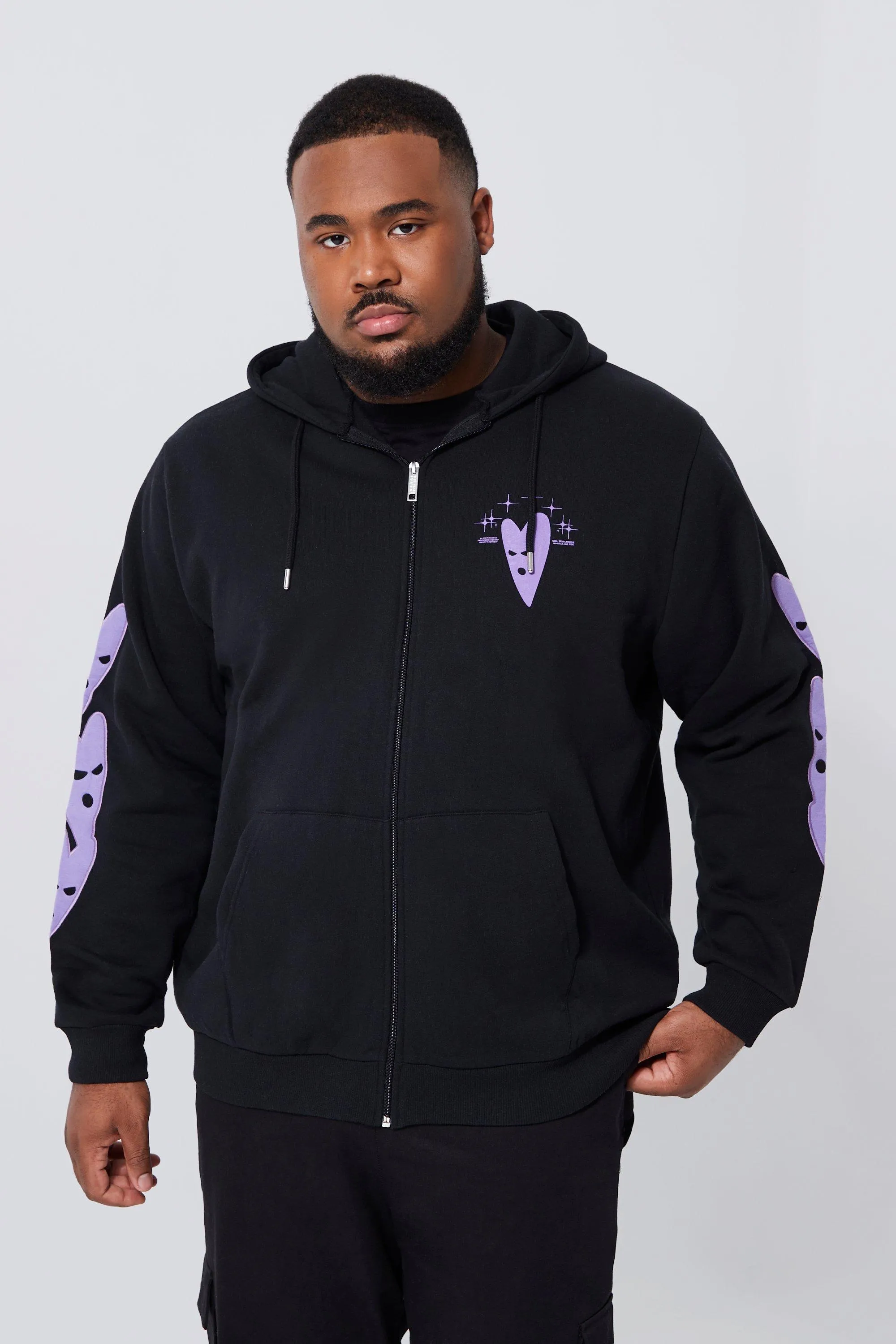 Plus Zip Through Applique Sleeve Hoodie Contrast Stitch | boohooMAN UK