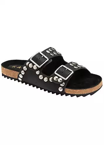 Ravel Rossan Black Leather Flat Mule Sandals | Kaleidoscope