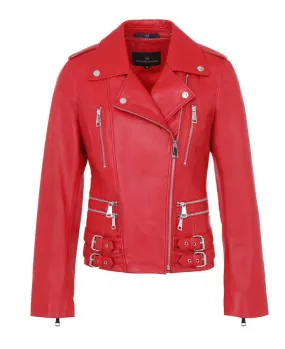 Red leather jacket for women in iconic biker style