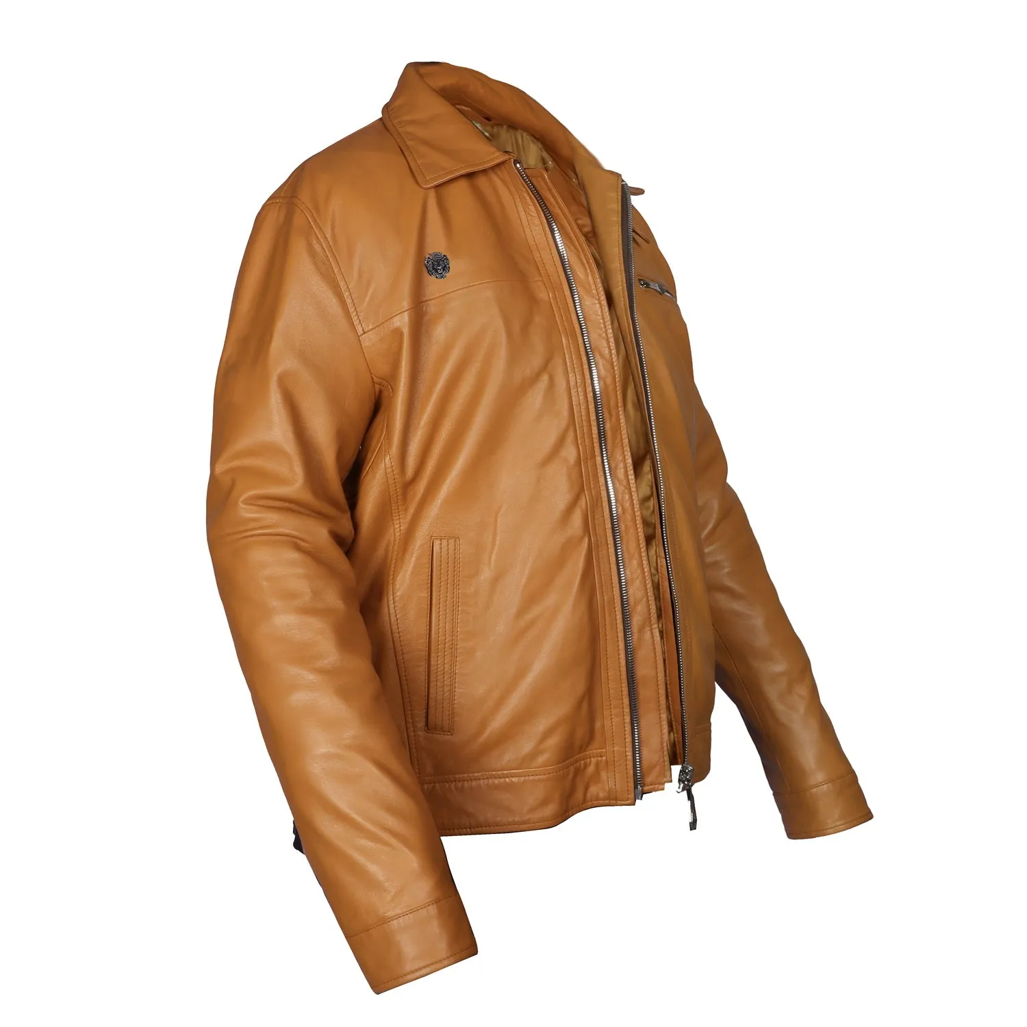 Regular Fit Club Collar Style Orangish Tan Leather Jacket By Brune & Bareskin