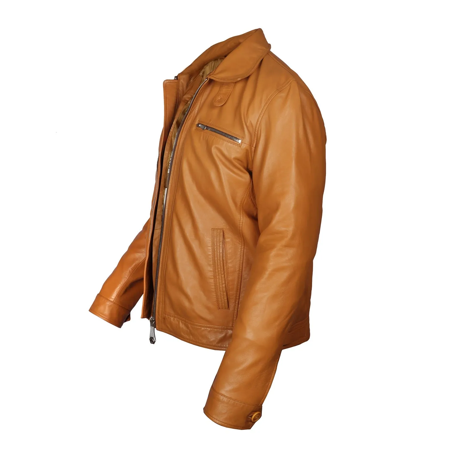 Regular Fit Club Collar Style Orangish Tan Leather Jacket By Brune & Bareskin