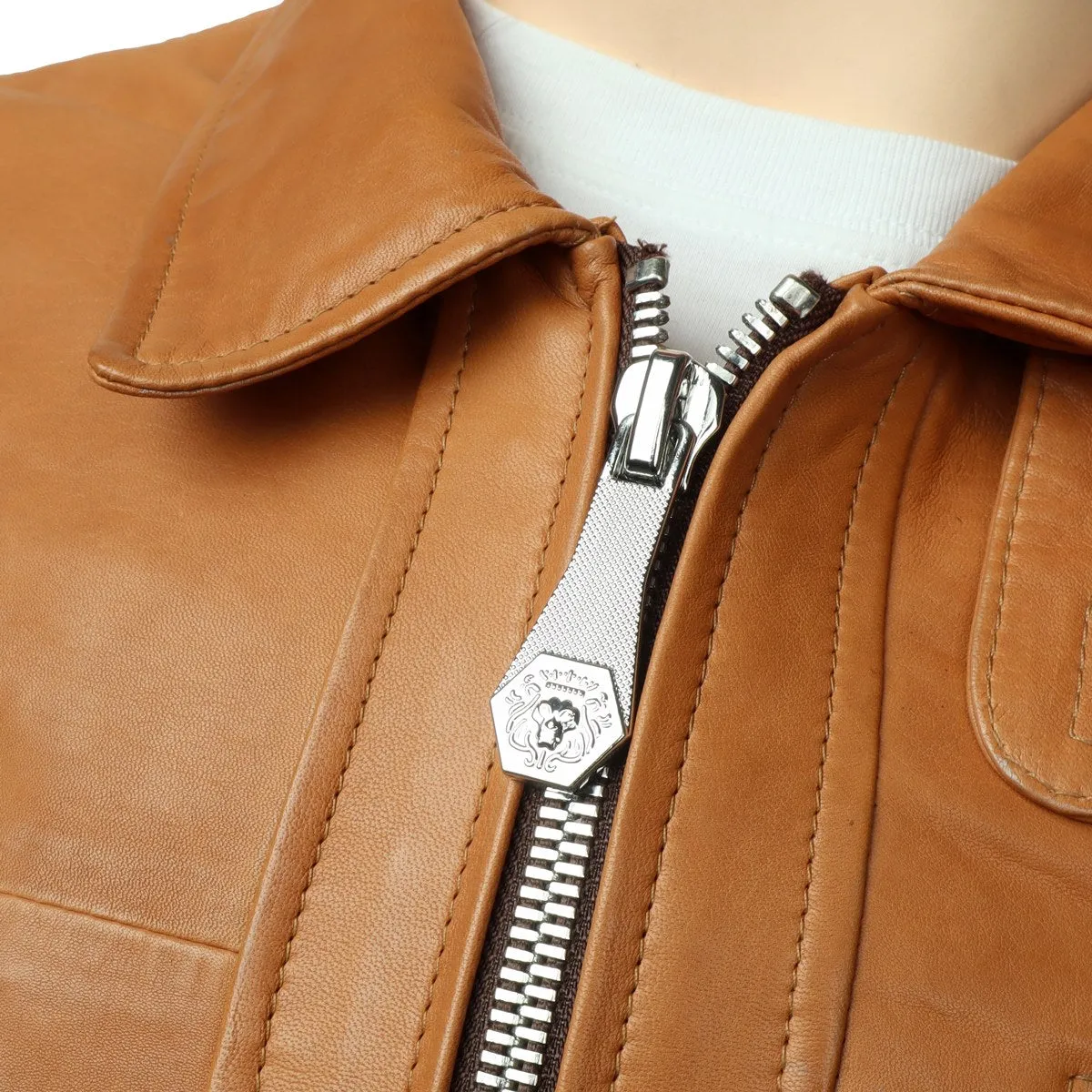 Regular Fit Club Collar Style Orangish Tan Leather Jacket By Brune & Bareskin