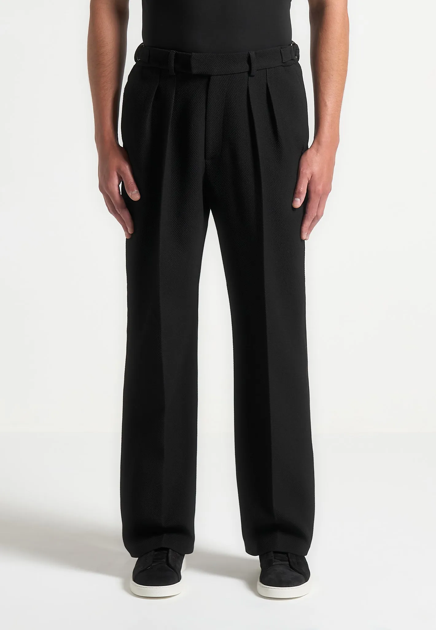 Relaxed Fit Textured Twin Pleat Tailored Trousers - Black