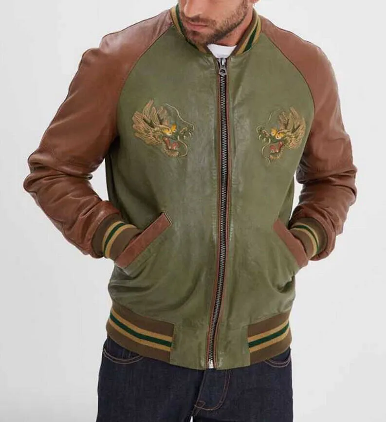 Sage stone men's leather jacket hanks teddy style