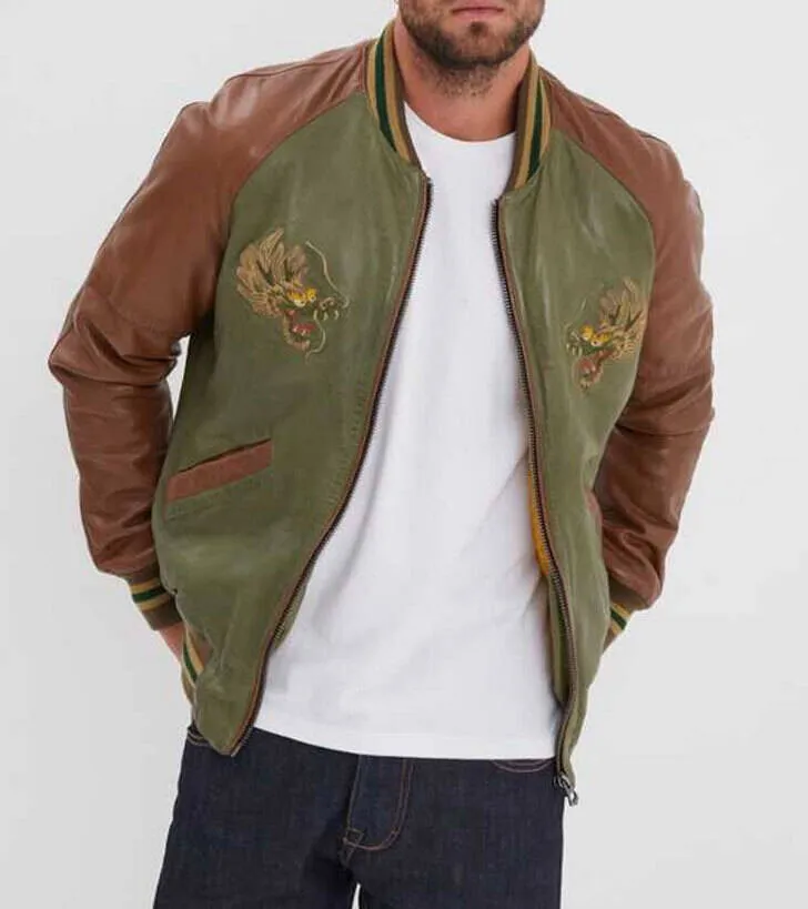 Sage stone men's leather jacket hanks teddy style