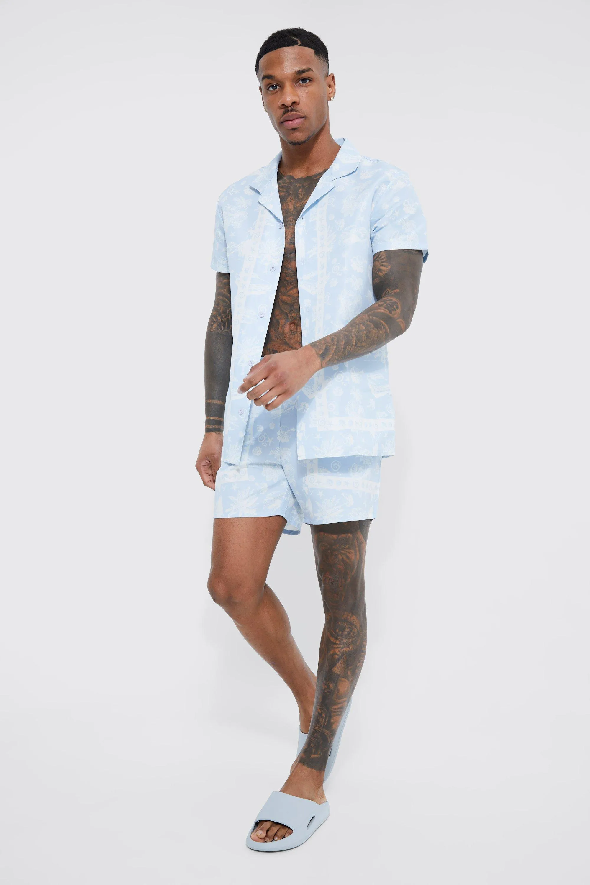 Short Sleeve Plate Pattern Shirt And Swim Short | boohooMAN UK