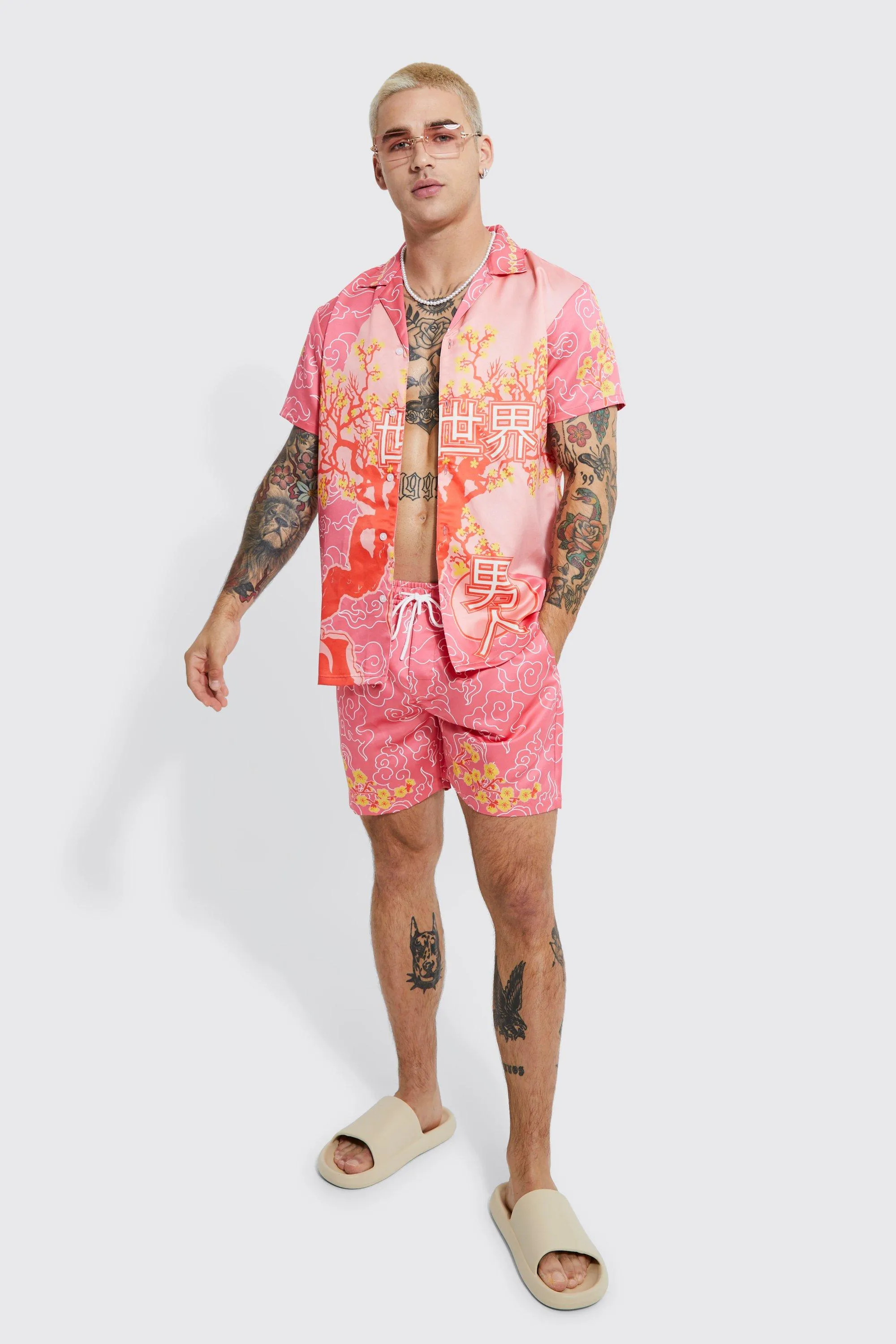 Short Sleeve Satin Scenic Homme Shirt & Short | boohooMAN UK