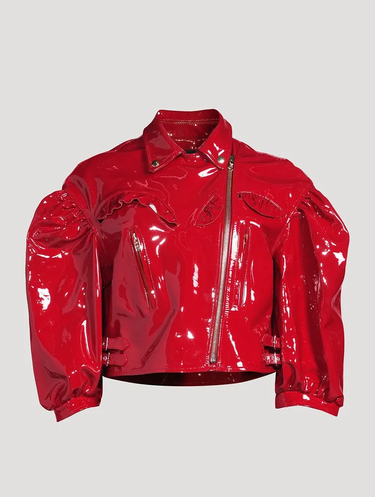 SIMONE ROCHA Cropped Patent Leather Biker Jacket with Frill Detail