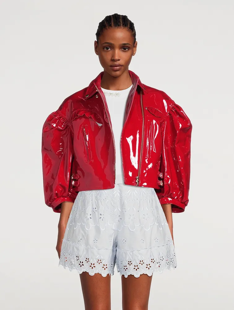 SIMONE ROCHA Cropped Patent Leather Biker Jacket with Frill Detail