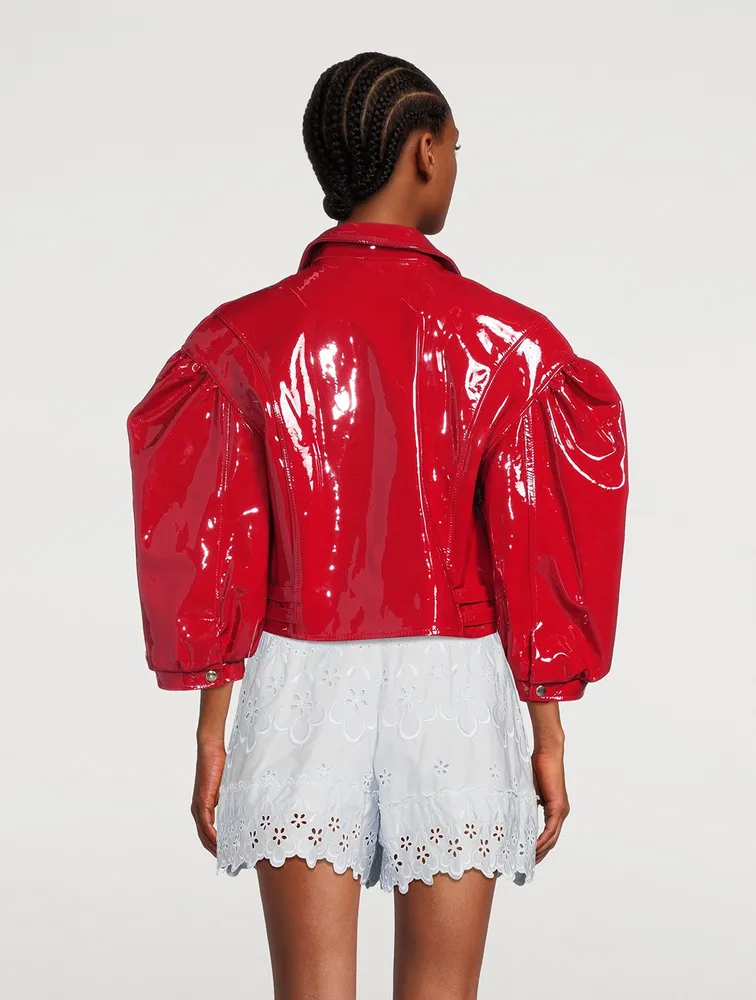 SIMONE ROCHA Cropped Patent Leather Biker Jacket with Frill Detail