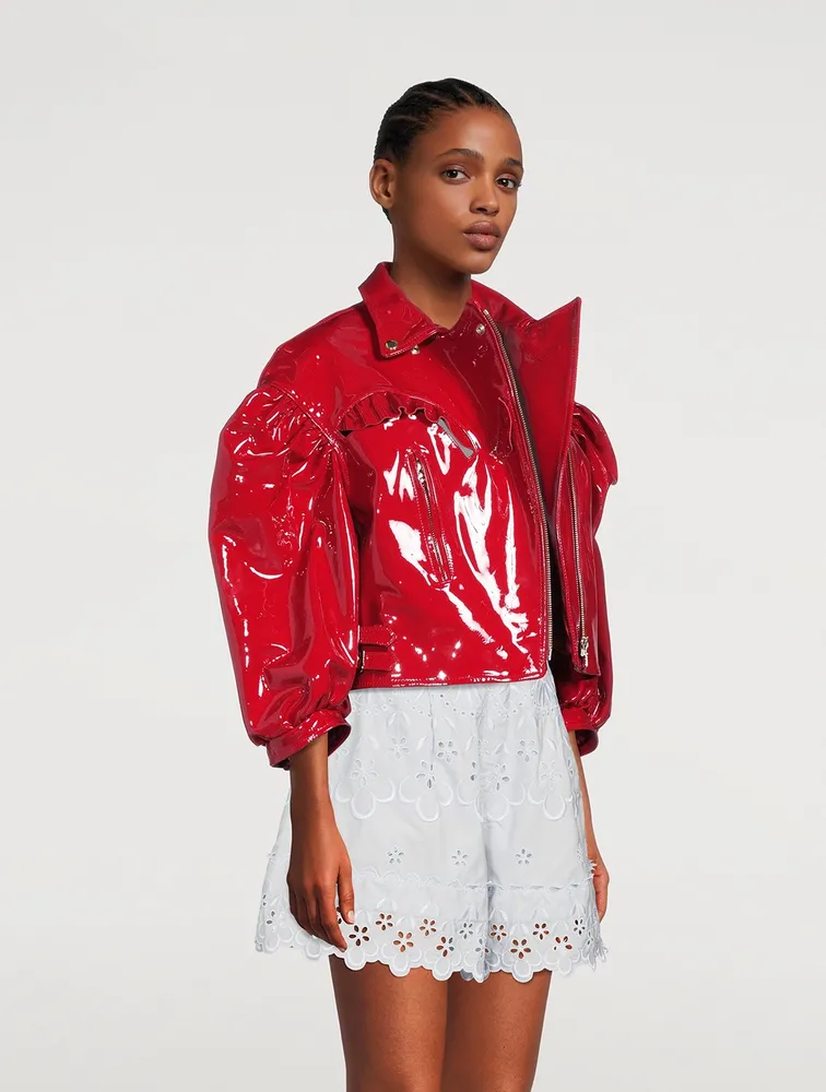 SIMONE ROCHA Cropped Patent Leather Biker Jacket with Frill Detail