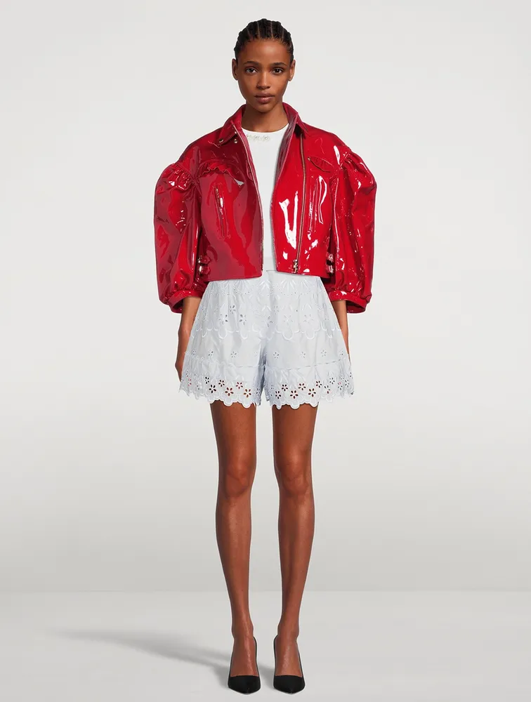 SIMONE ROCHA Cropped Patent Leather Biker Jacket with Frill Detail