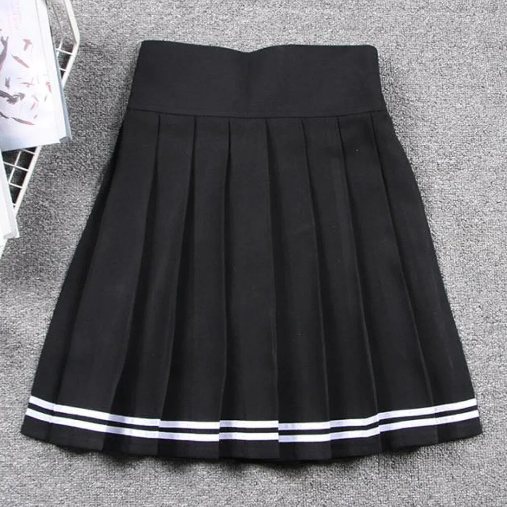 Summer Women Korean Solid Kawaii Big Swing Umbrella High Waist School Ladies Mini Saia Skater Skirt