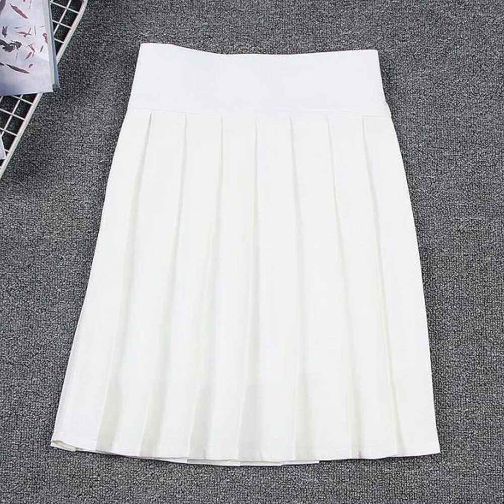 Summer Women Korean Solid Kawaii Big Swing Umbrella High Waist School Ladies Mini Saia Skater Skirt