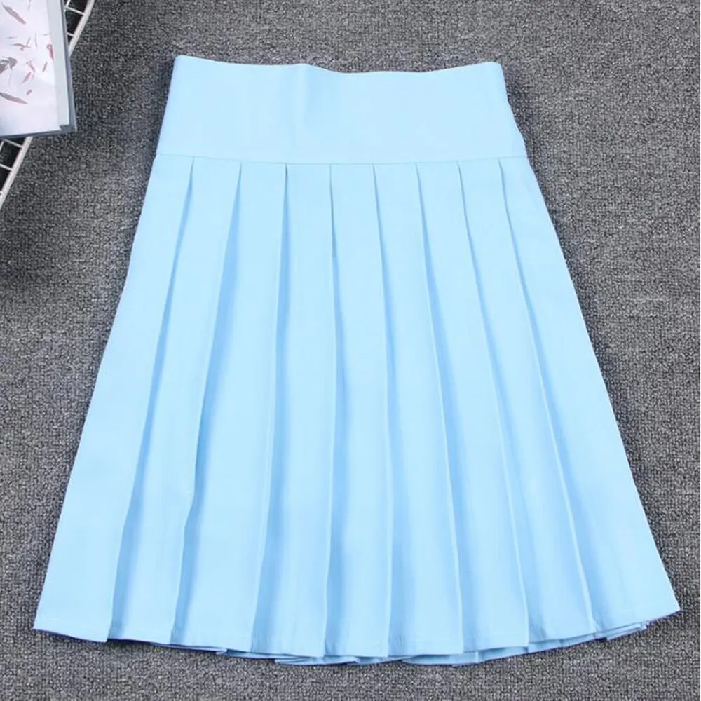 Summer Women Korean Solid Kawaii Big Swing Umbrella High Waist School Ladies Mini Saia Skater Skirt