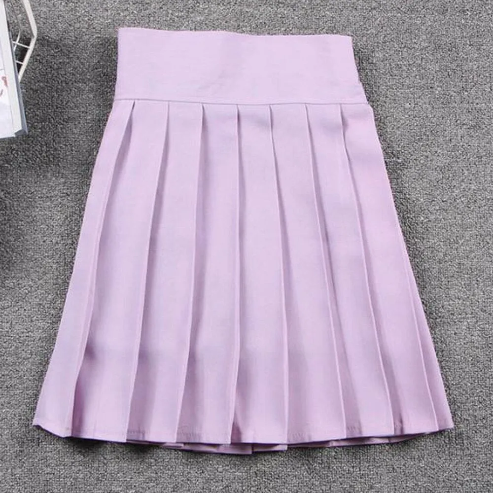 Summer Women Korean Solid Kawaii Big Swing Umbrella High Waist School Ladies Mini Saia Skater Skirt