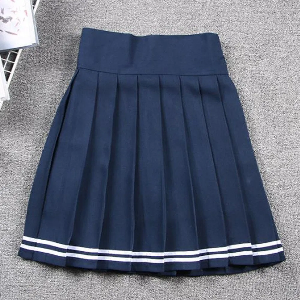 Summer Women Korean Solid Kawaii Big Swing Umbrella High Waist School Ladies Mini Saia Skater Skirt