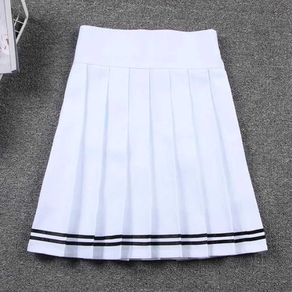 Summer Women Korean Solid Kawaii Big Swing Umbrella High Waist School Ladies Mini Saia Skater Skirt