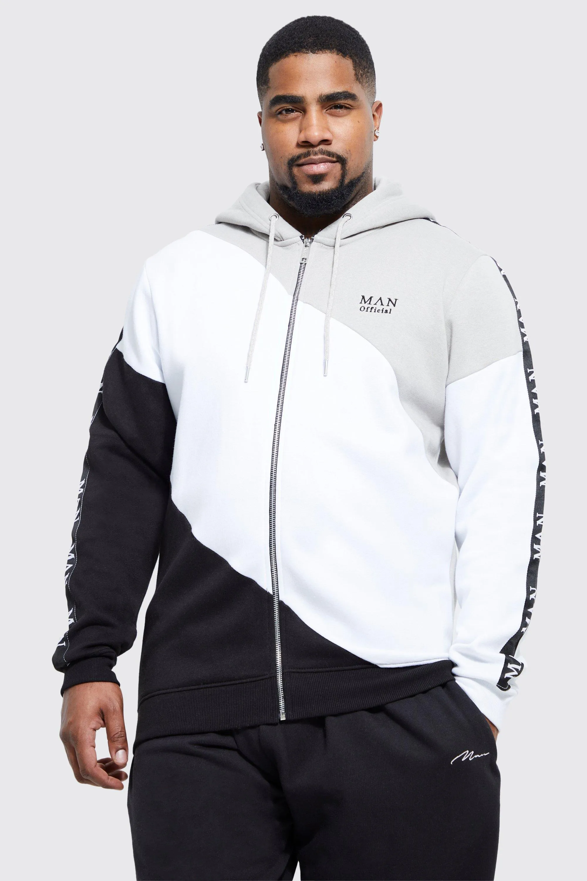 Tall Roman Man Colour Block Zip Hoodie With Tape | boohooMAN UK