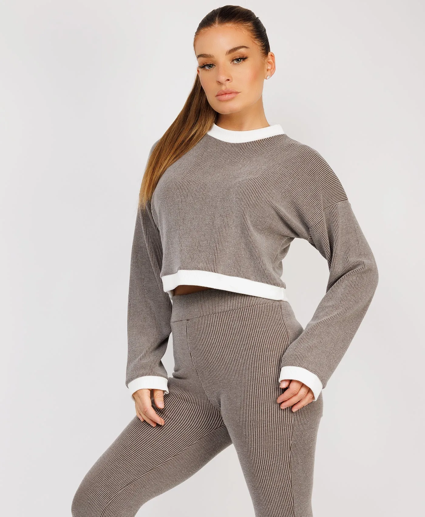 Taupe Contrast Stripe Jumper & Split Detail Trousers Loungewear Set