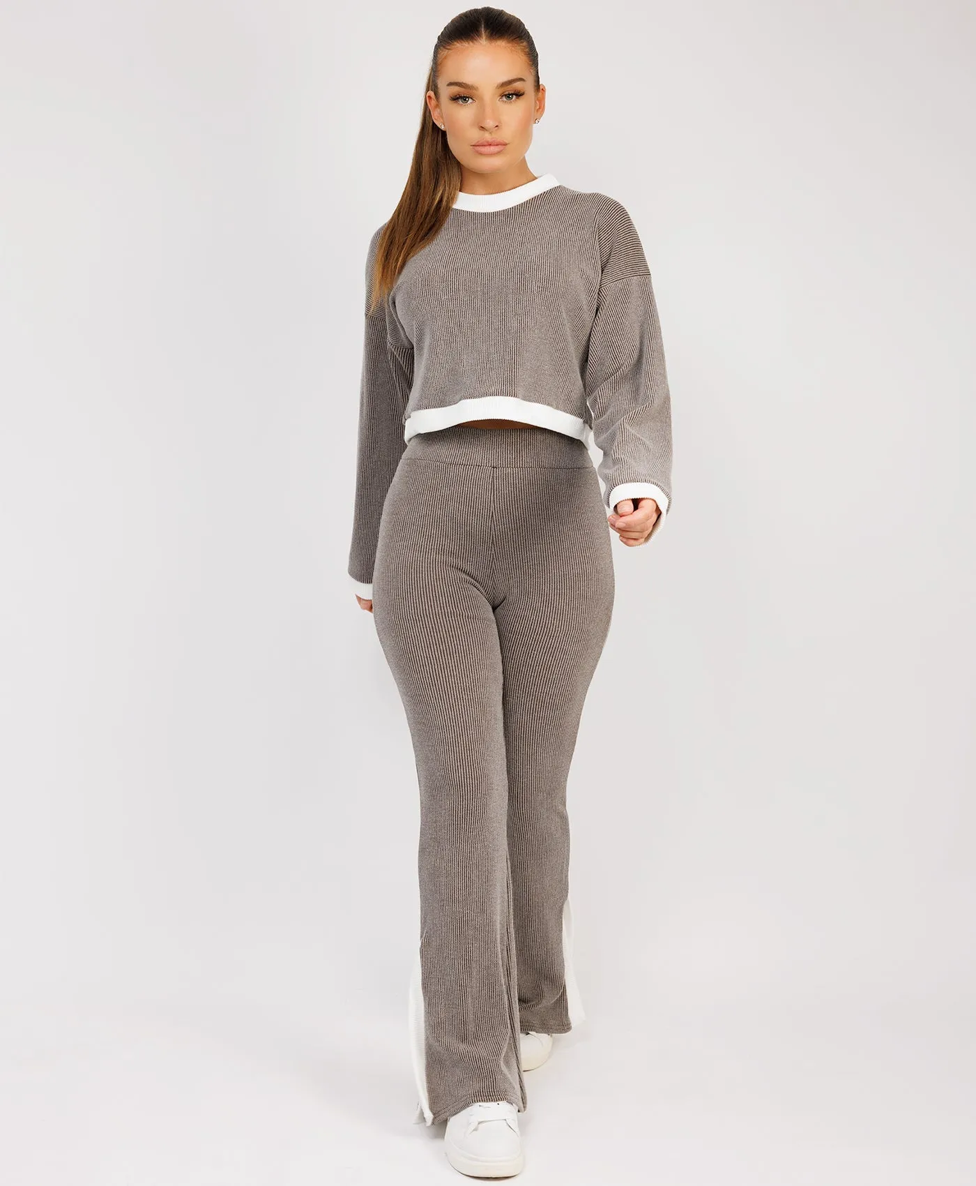 Taupe Contrast Stripe Jumper & Split Detail Trousers Loungewear Set