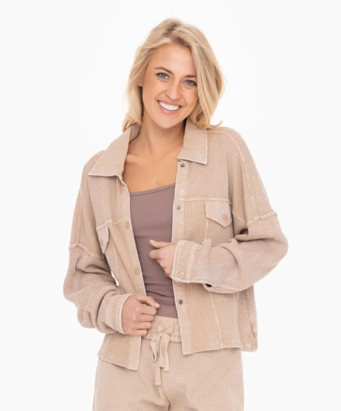 Taupe Waffle Knit Cropped Jacket