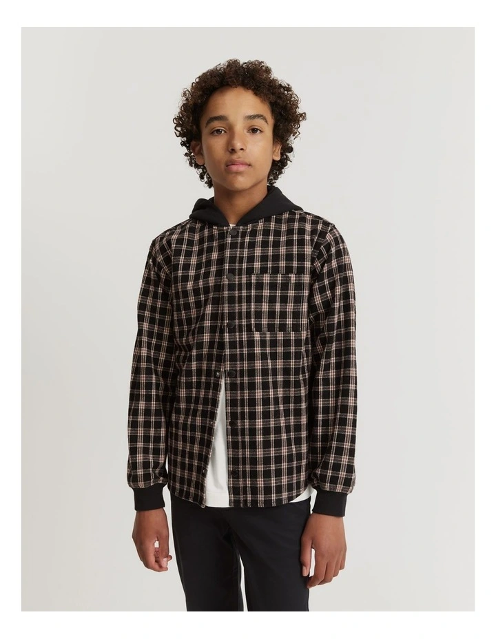 Teen Australian Cotton Check Hooded Shirt in Black